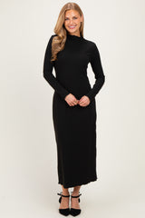 Black Ruffle Mock Neck Long Sleeve Maternity Midi Dress