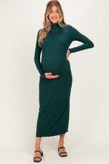 Hunter Green Ruffle Mock Neck Long Sleeve Maternity Midi Dress