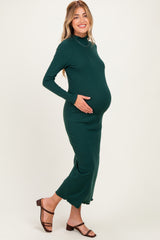 Hunter Green Ruffle Mock Neck Long Sleeve Maternity Midi Dress