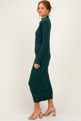 Hunter Green Ruffle Mock Neck Long Sleeve Midi Dress