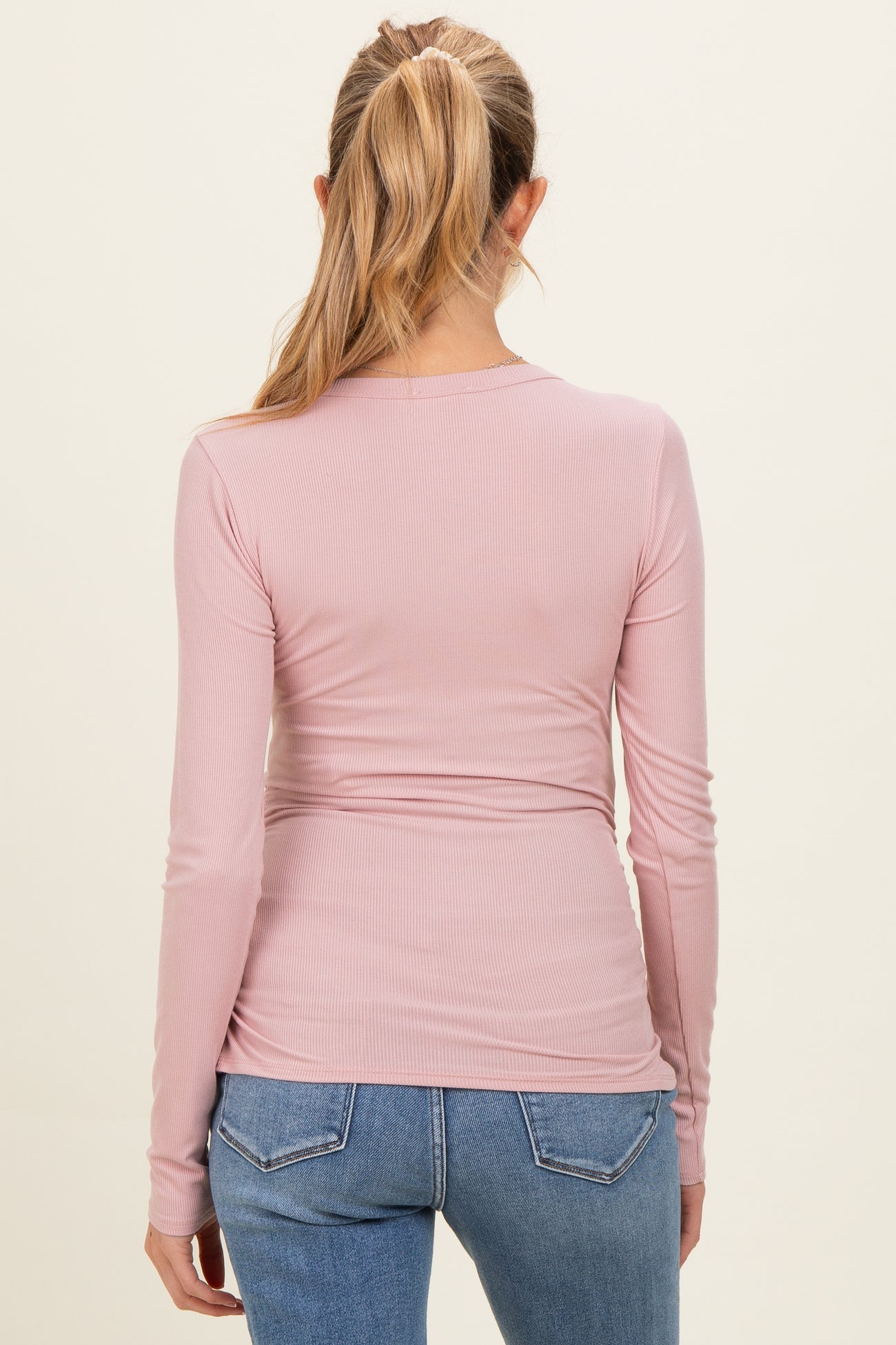Pink Ribbed Ruched Maternity Long Sleeve Top