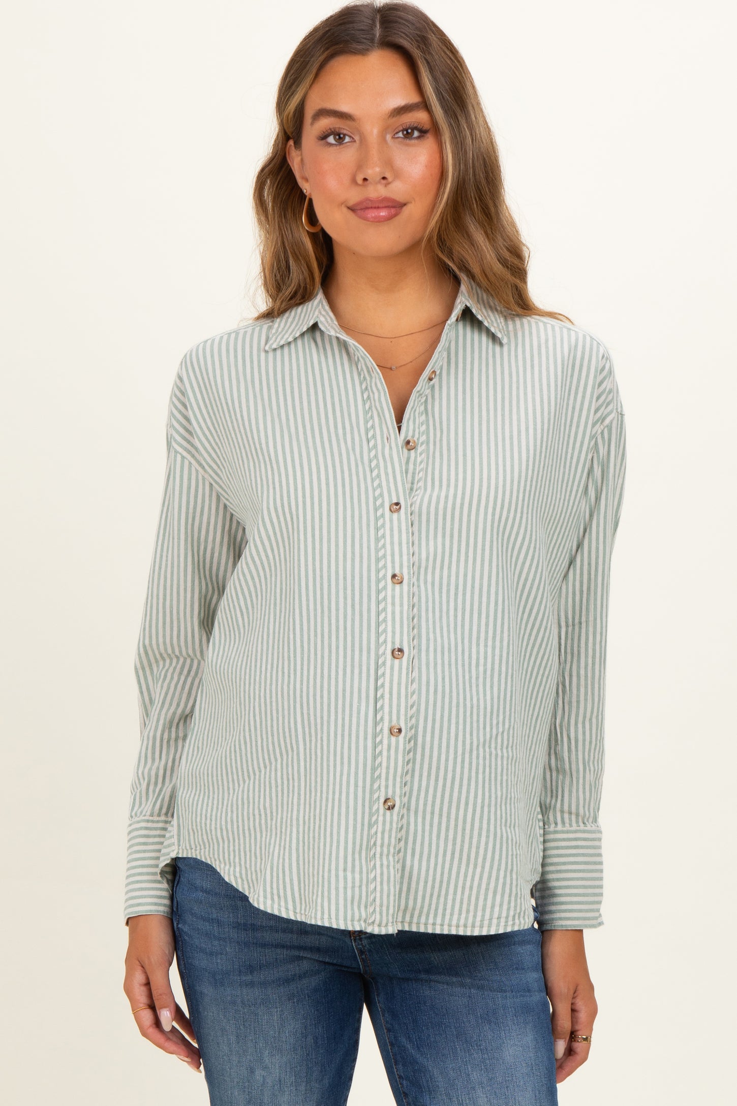 Sage Oversized Striped Button Down Long Sleeve Maternity Shirt