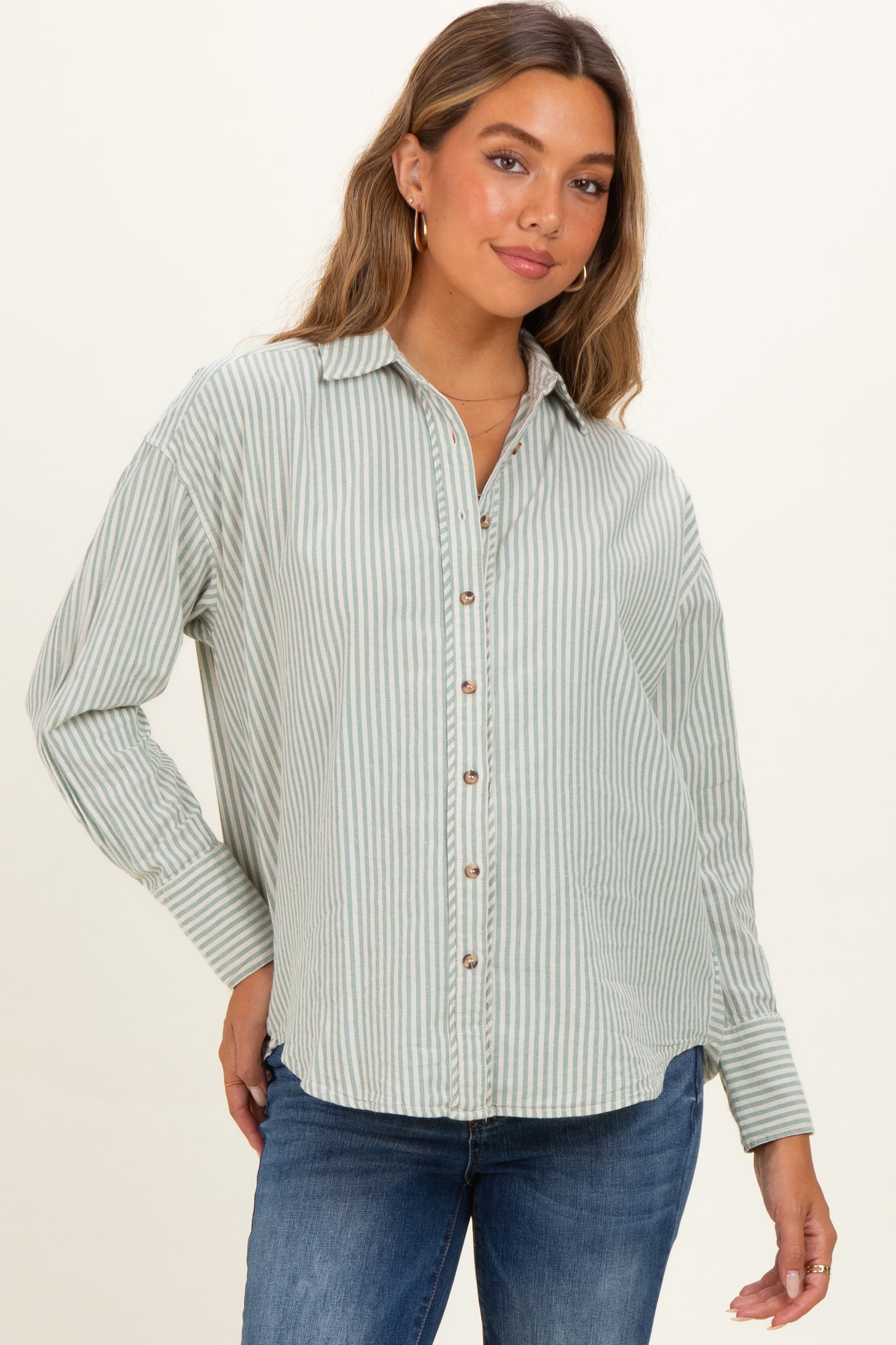 Sage Oversized Striped Button Down Long Sleeve Maternity Shirt