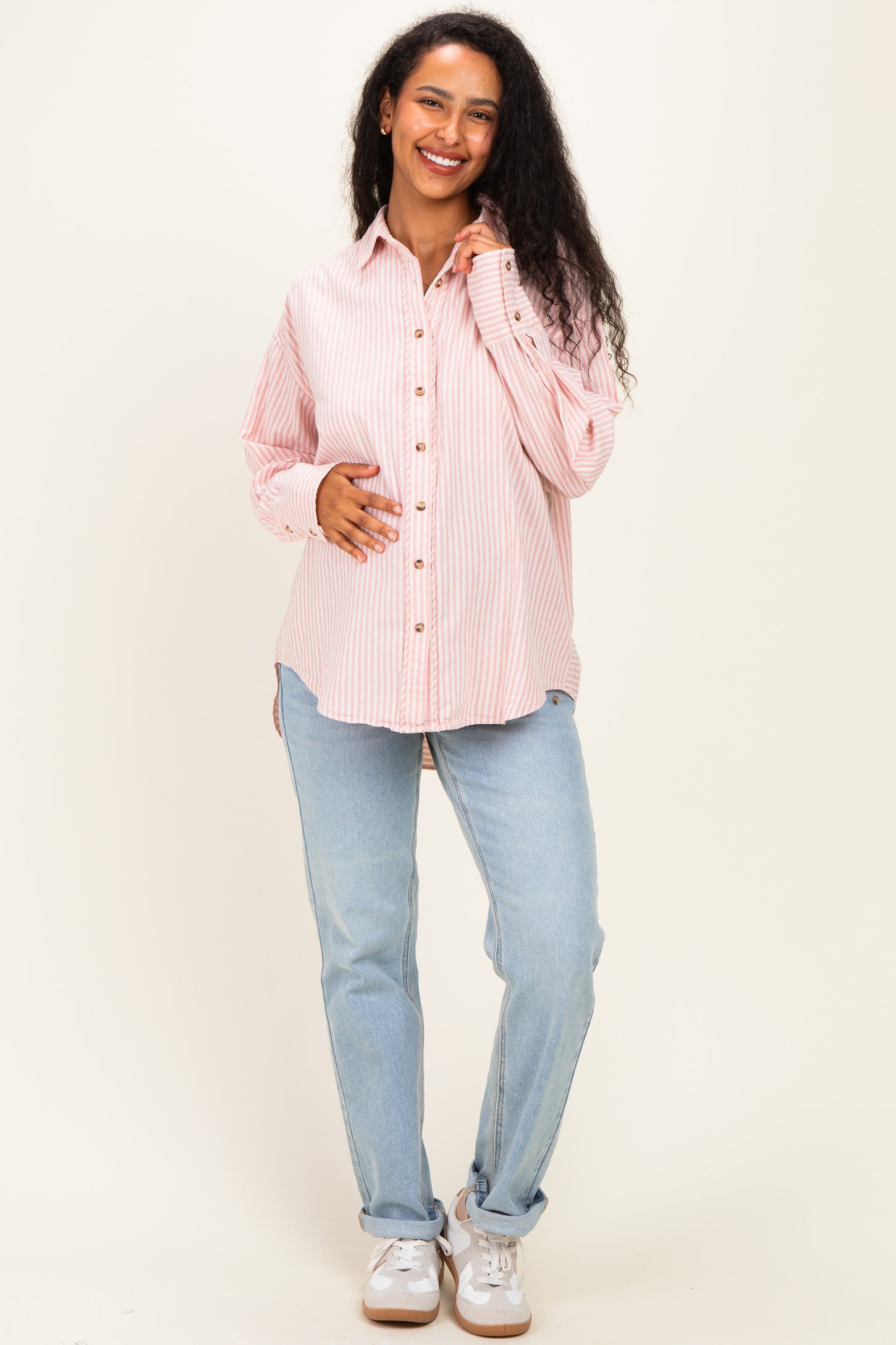 Pink Oversized Striped Button Down Long Sleeve Maternity Shirt