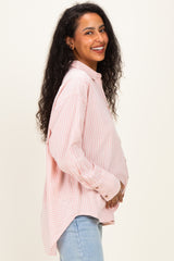 Pink Oversized Striped Button Down Long Sleeve Maternity Shirt