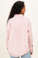 Pink Oversized Striped Button Down Long Sleeve Maternity Shirt