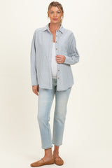 Blue Oversized Striped Button Down Long Sleeve Maternity Shirt
