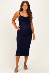 Navy Sleeveless Lace Maternity Midi Dress