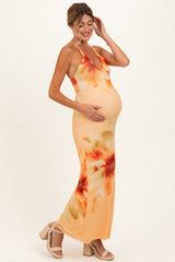 Peach Floral Deep V-Neck Maternity Maxi Dress