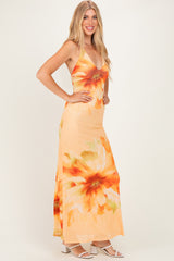 Peach Floral Deep V-Neck Maxi Dress