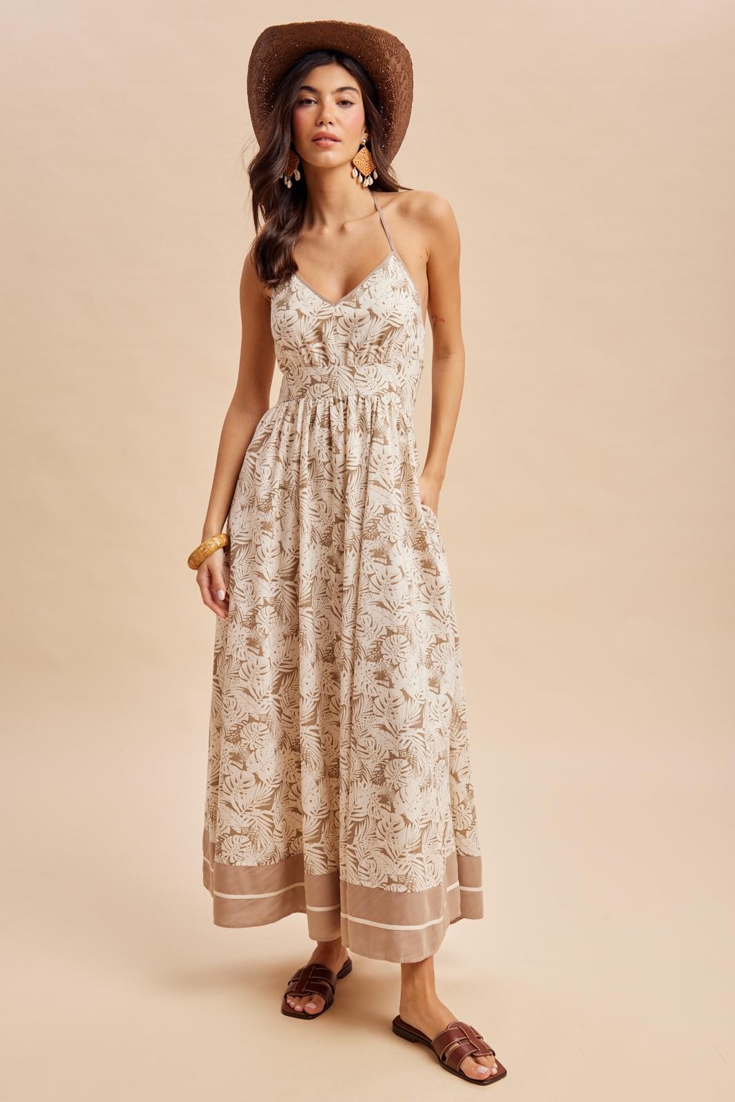 Beige Printed Cutout Tie Back Maxi Dress