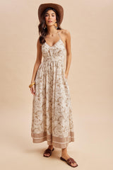 Beige Printed Cutout Tie Back Maxi Dress