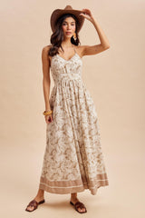Beige Printed Cutout Tie Back Maxi Dress