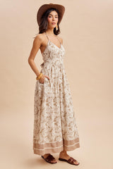 Beige Printed Cutout Tie Back Maxi Dress