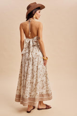 Beige Printed Cutout Tie Back Maxi Dress