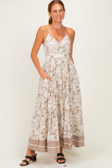 Beige Printed Cutout Tie Back Maxi Dress