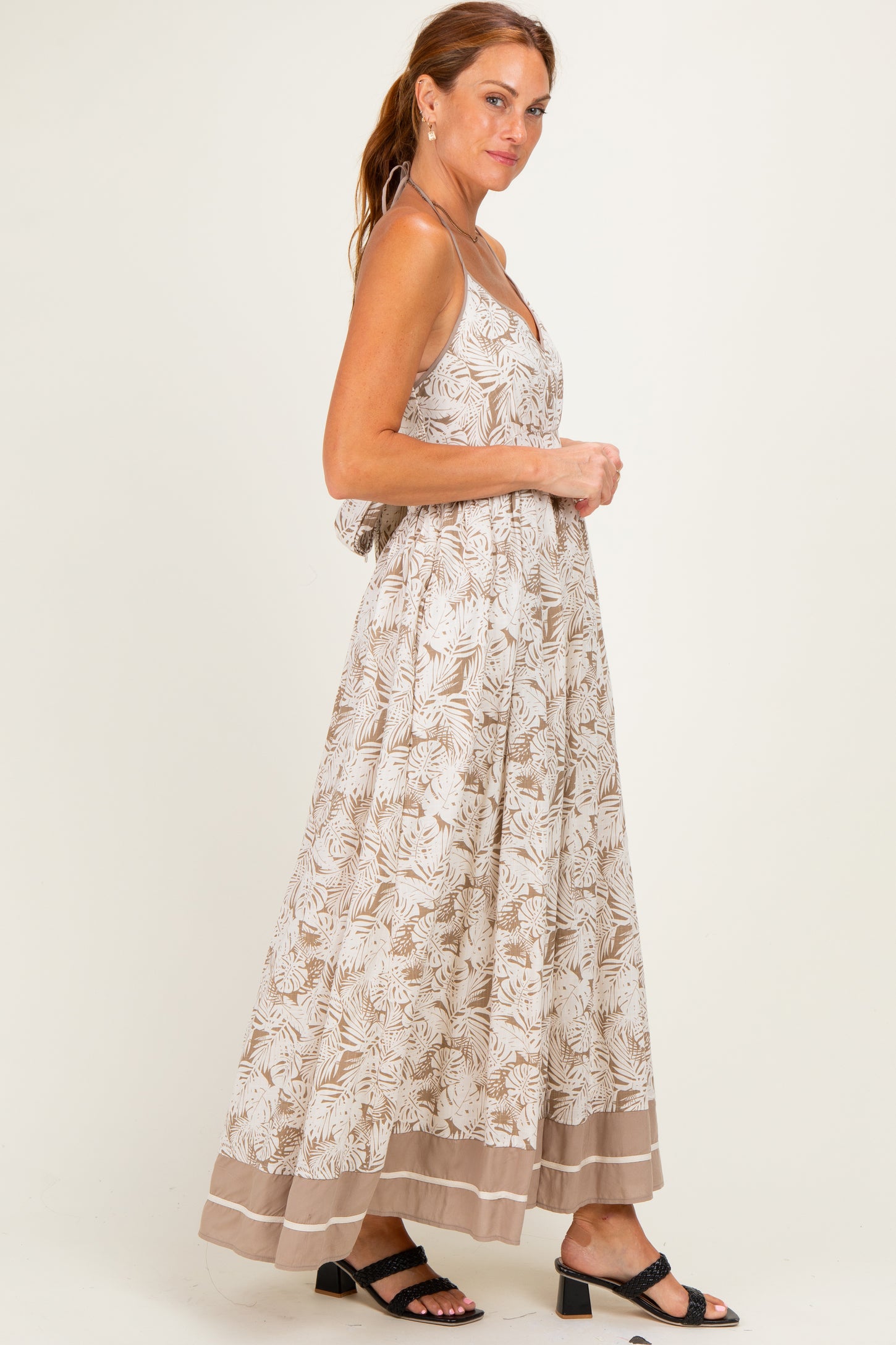 Beige Printed Cutout Tie Back Maxi Dress