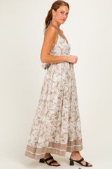 Beige Printed Cutout Tie Back Maxi Dress