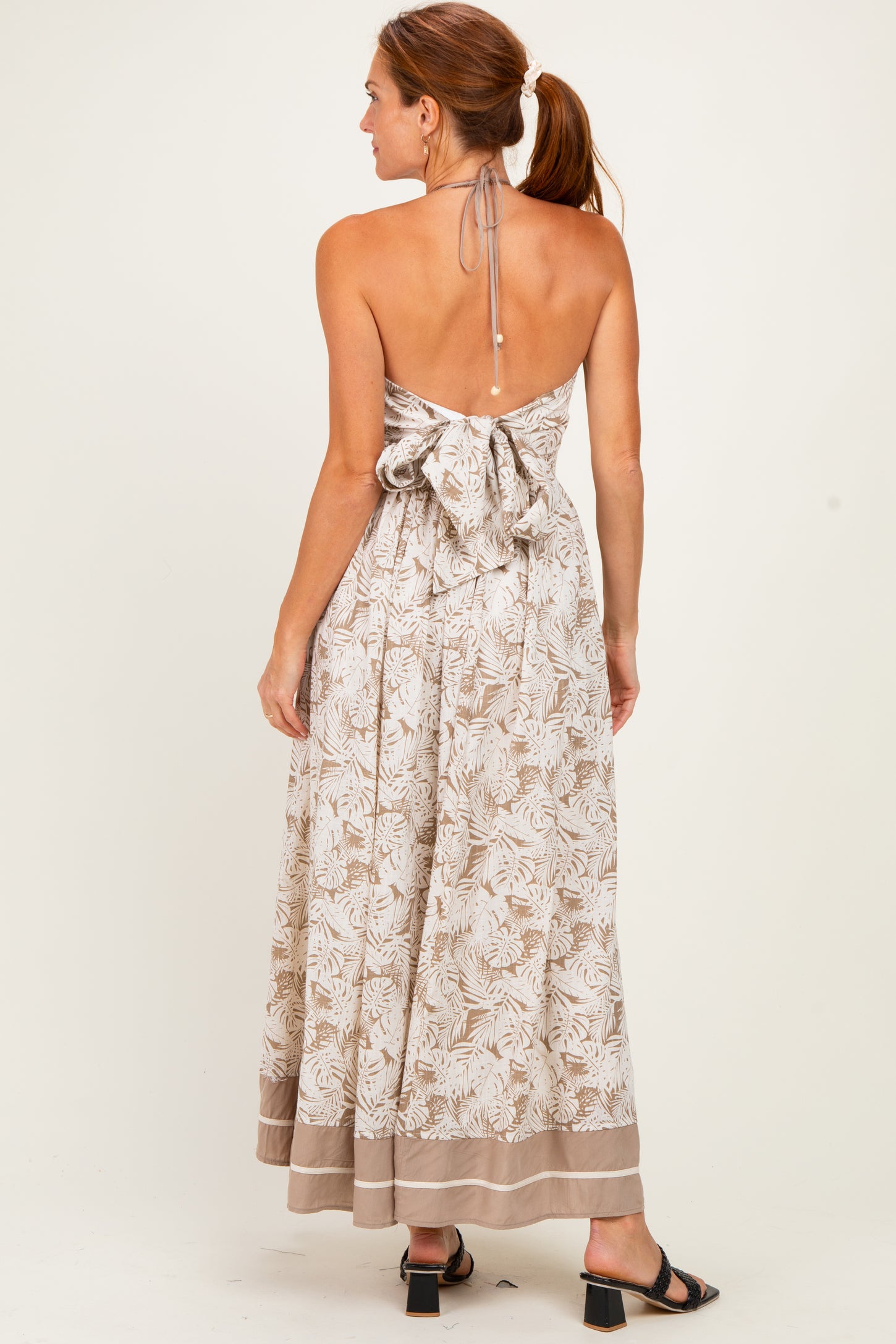 Beige Printed Cutout Tie Back Maxi Dress