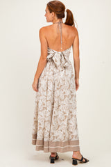 Beige Printed Cutout Tie Back Maxi Dress