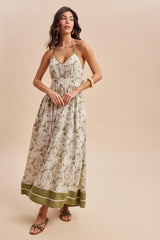Olive Palm Printed Cutout Tie Back Maxi Dress