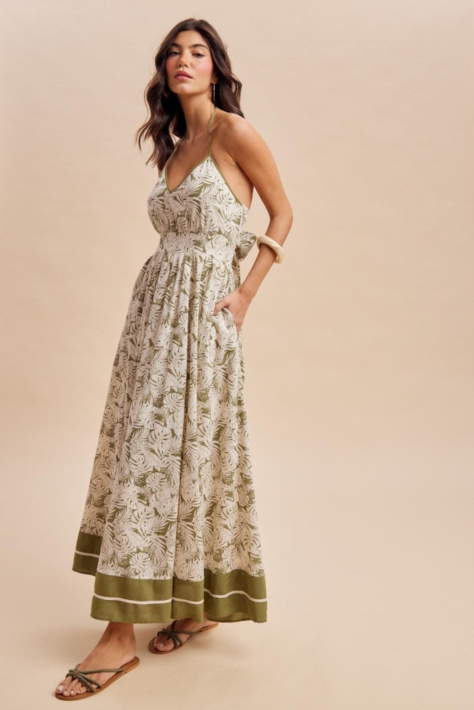 Olive Palm Printed Cutout Tie Back Maxi Dress