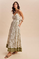 Olive Palm Printed Cutout Tie Back Maxi Dress