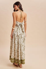 Olive Palm Printed Cutout Tie Back Maxi Dress