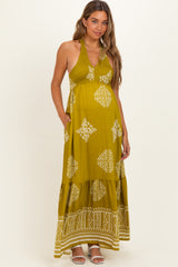 Olive Palm Printed Smocked Halter Maternity Maxi Dress