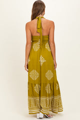 Olive Palm Printed Smocked Halter Maternity Maxi Dress