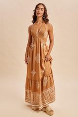 Sandalwood Printed Smocked Halter Maternity Maxi Dress