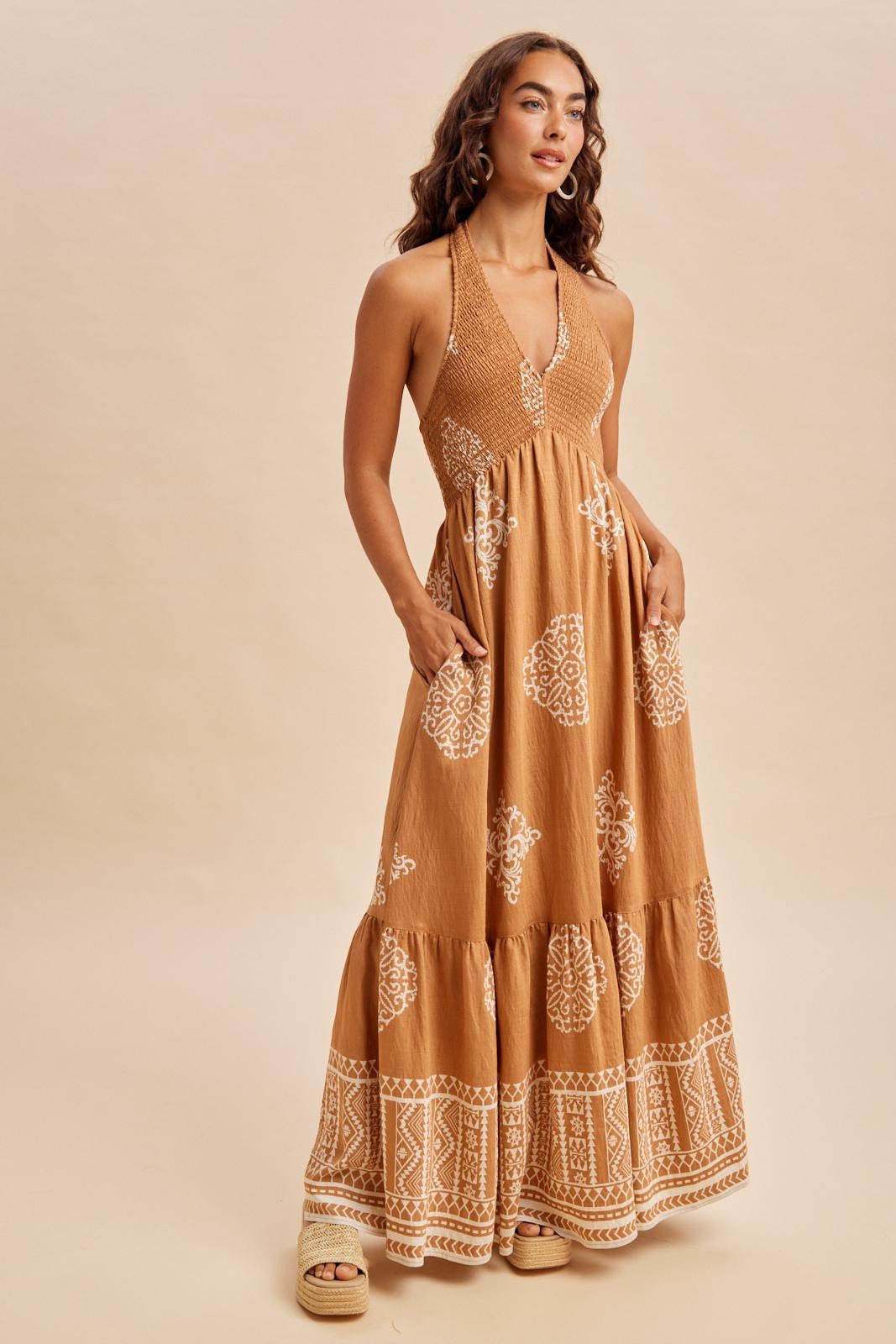Sandalwood Printed Smocked Halter Maxi Dress