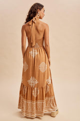Sandalwood Printed Smocked Halter Maxi Dress