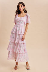 Sweet Pink Floral Flounce Tiered Maxi Dress