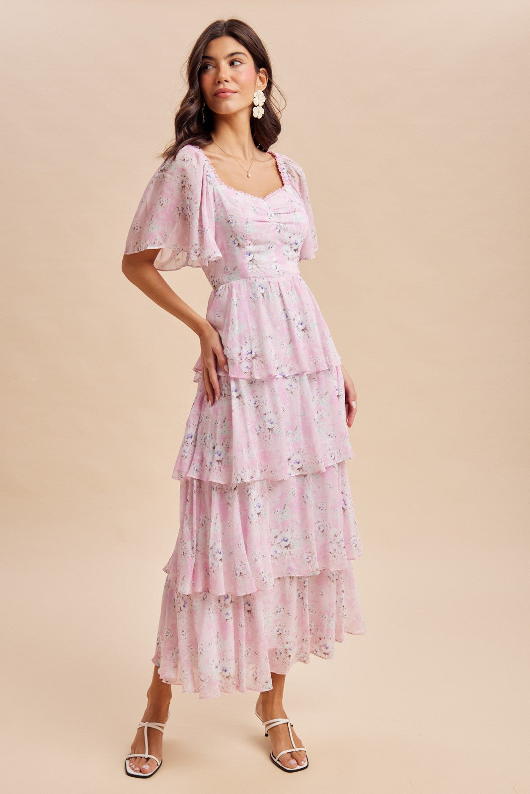 Sweet Pink Floral Flounce Tiered Maxi Dress