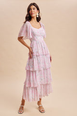 Sweet Pink Floral Flounce Tiered Maxi Dress