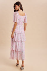 Sweet Pink Floral Flounce Tiered Maxi Dress