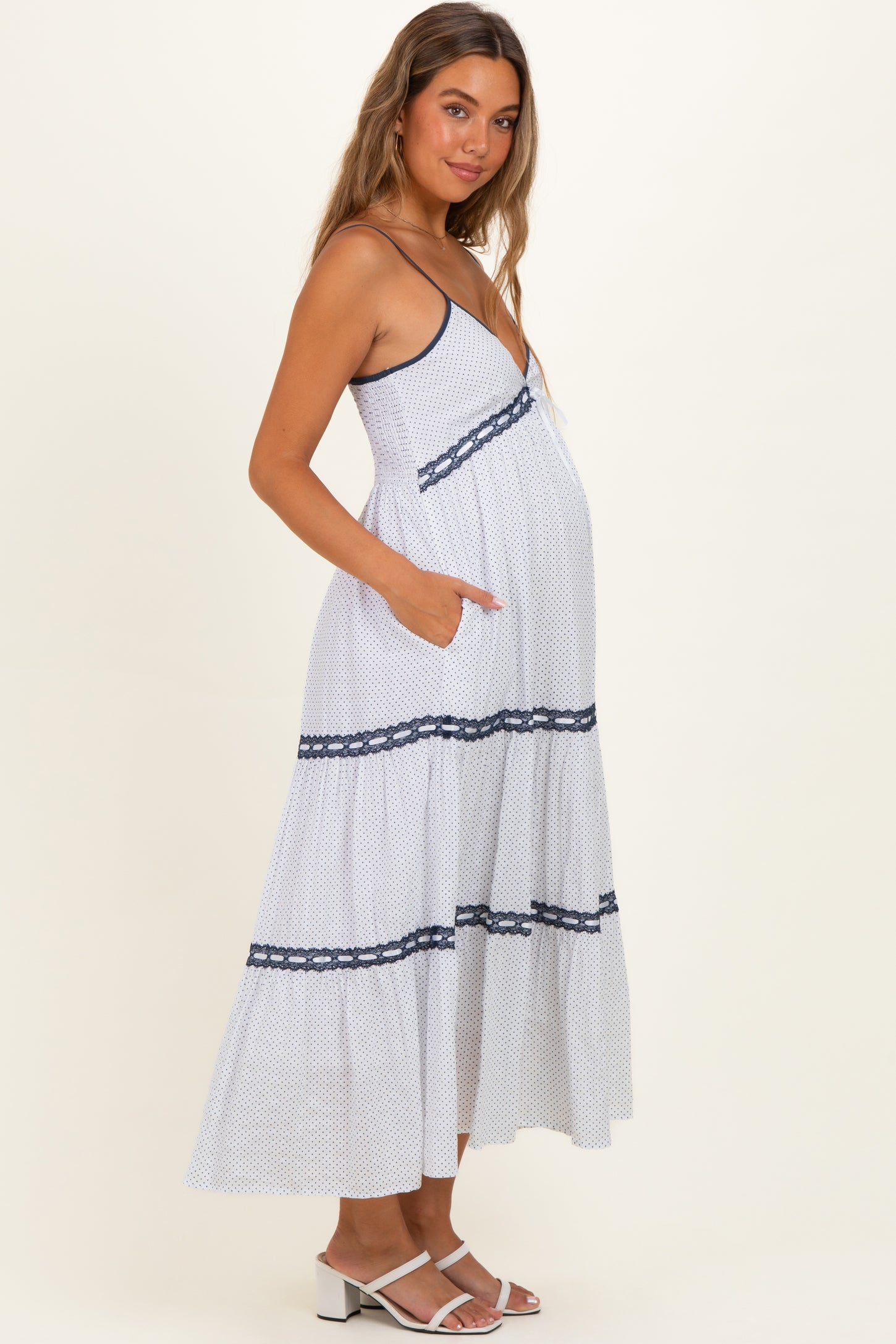Off-White Printed Lace Tiered Maternity Maxi Dress