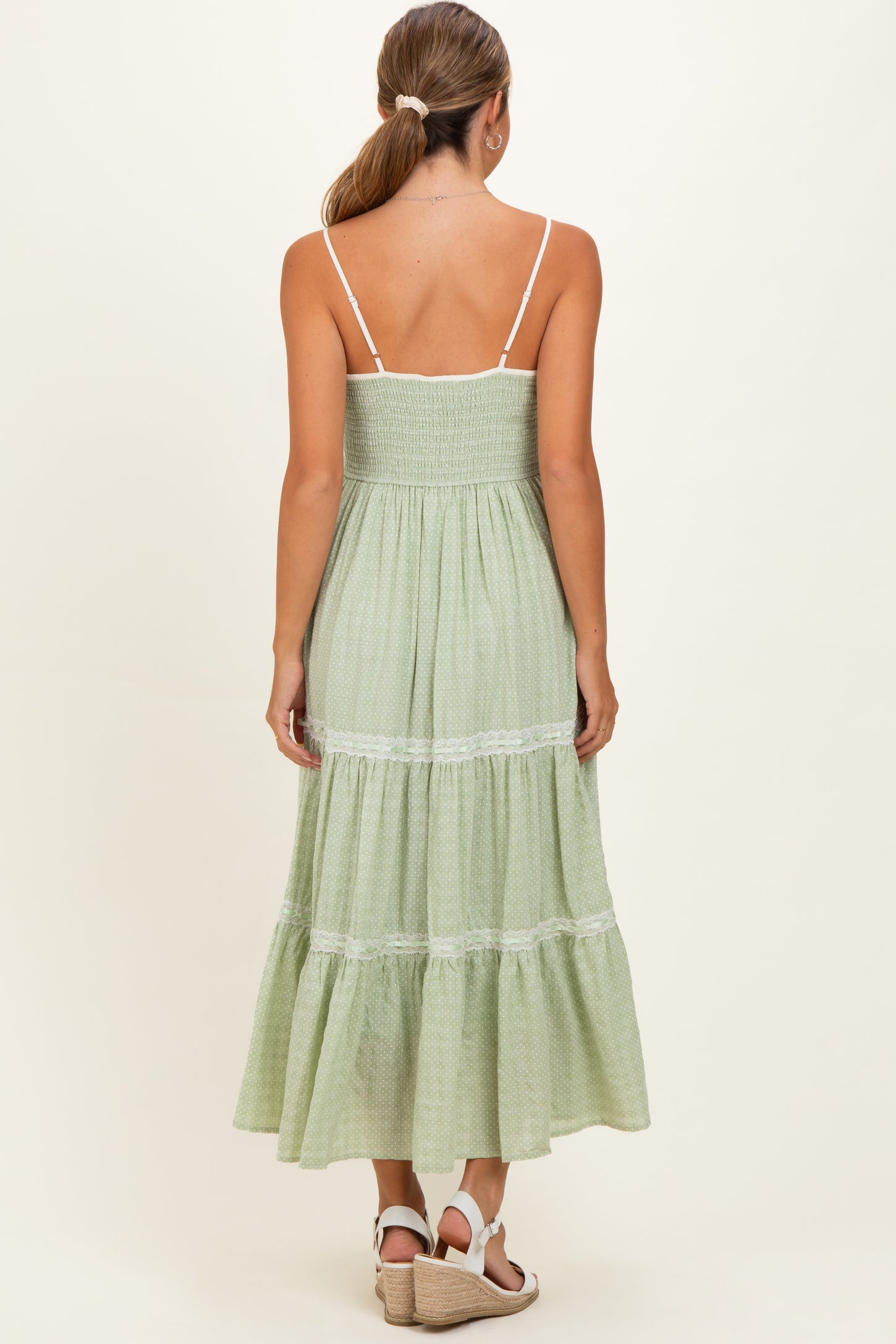Mint Cream Printed Lace Tiered Maternity Maxi Dress