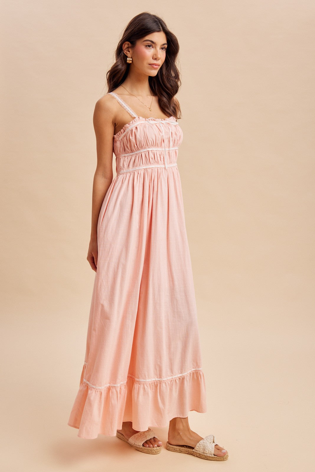 Soft Pink Lace Ribbon Detail Maxi Dress