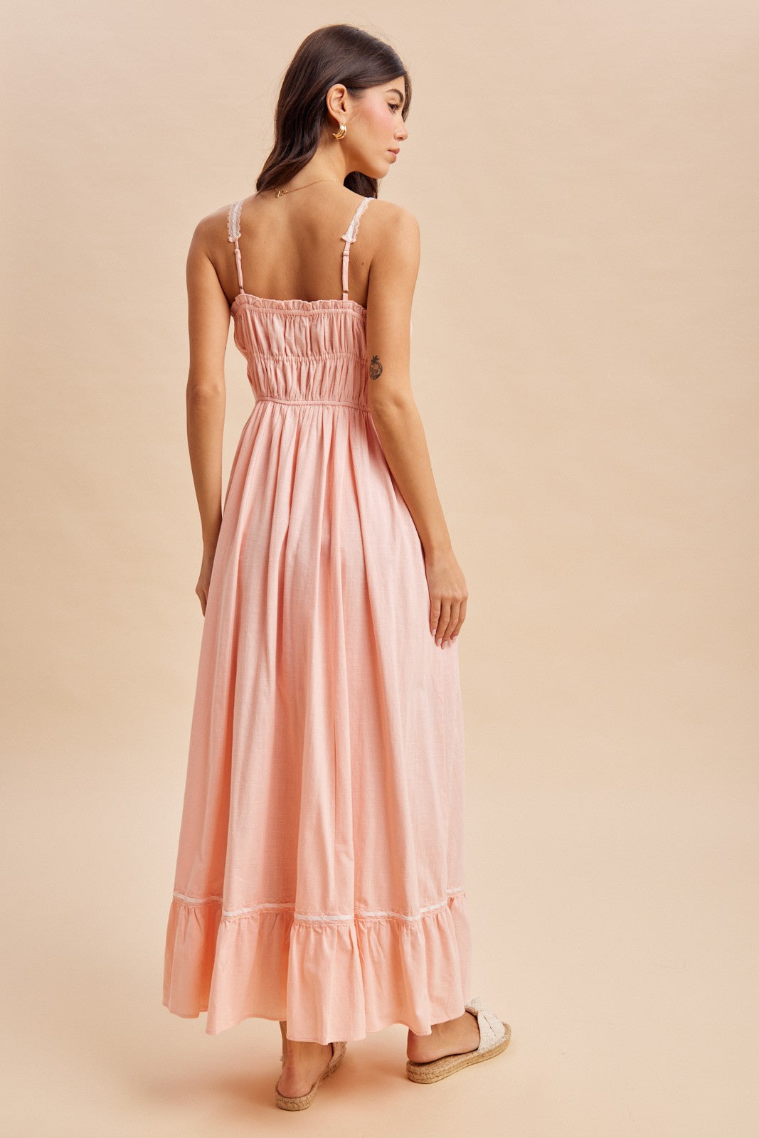 Soft Pink Lace Ribbon Detail Maxi Dress
