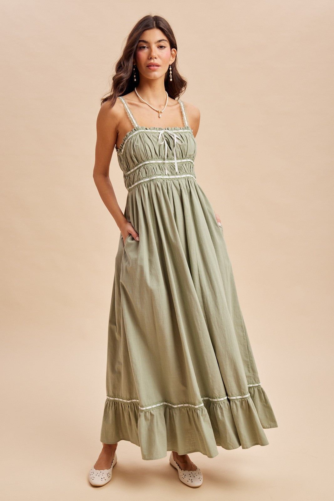 Light Olive Lace Ribbon Detail Maternity Maxi Dress