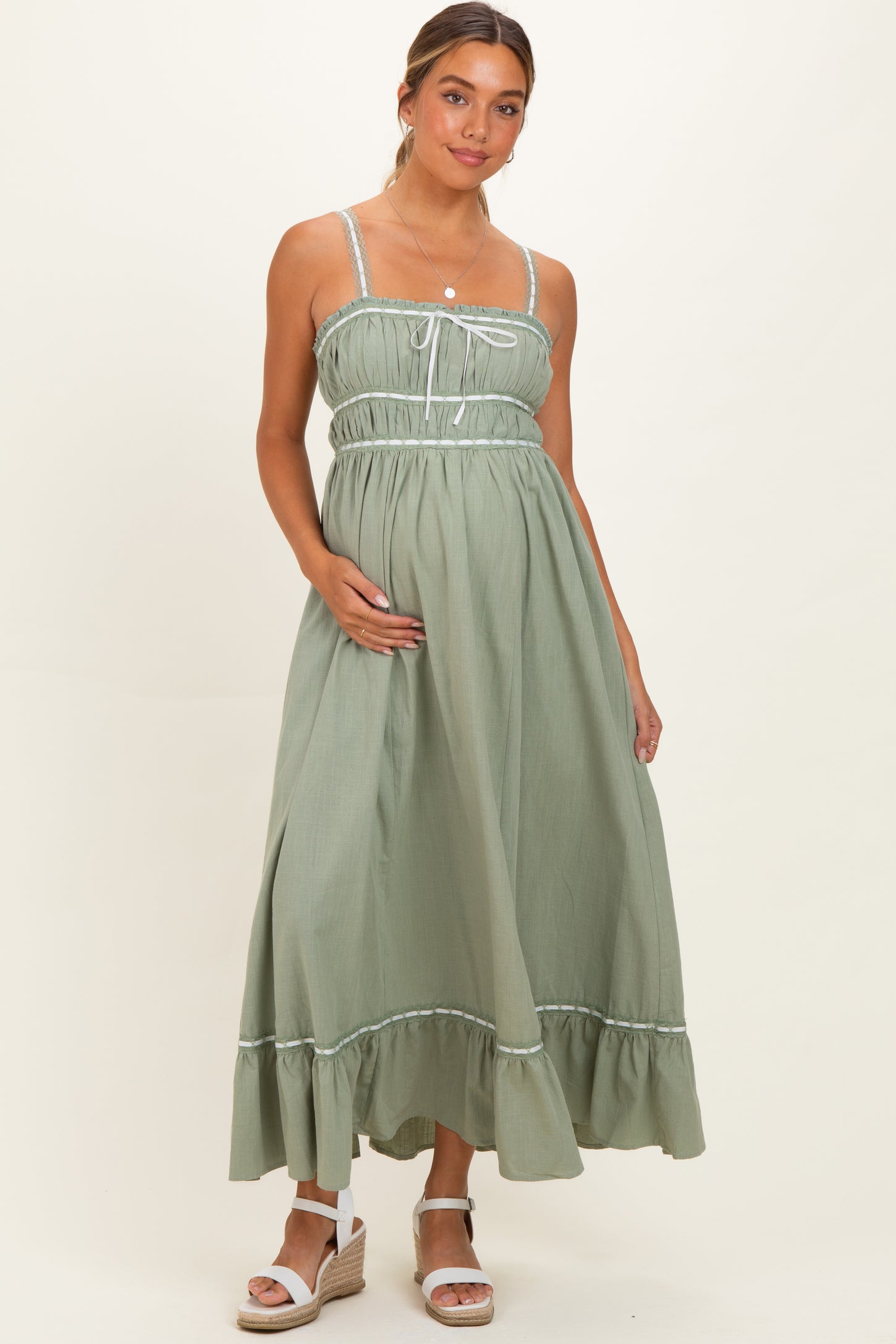 Light Olive Lace Ribbon Detail Maternity Maxi Dress