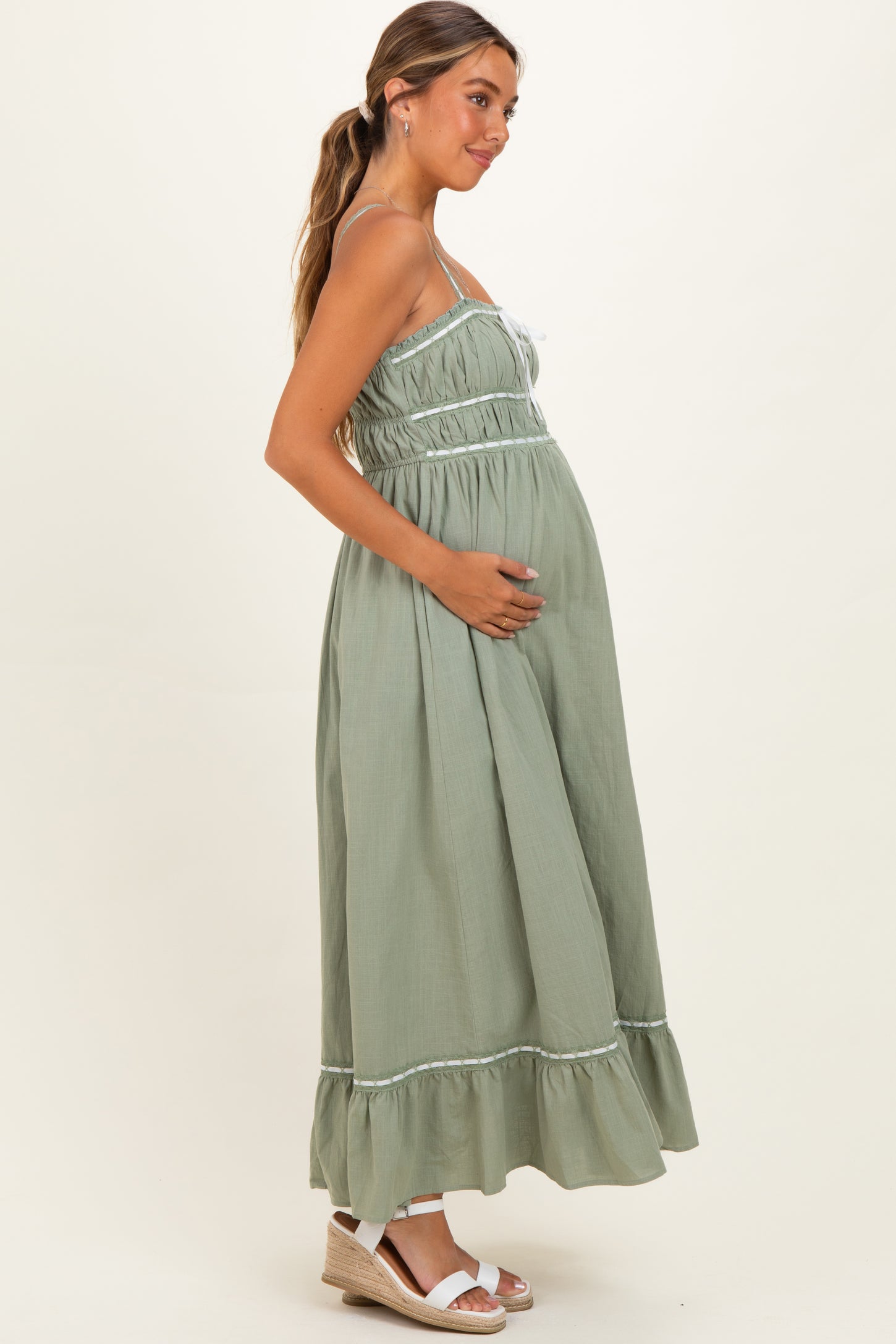 Light Olive Lace Ribbon Detail Maternity Maxi Dress