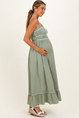 Light Olive Lace Ribbon Detail Maternity Maxi Dress