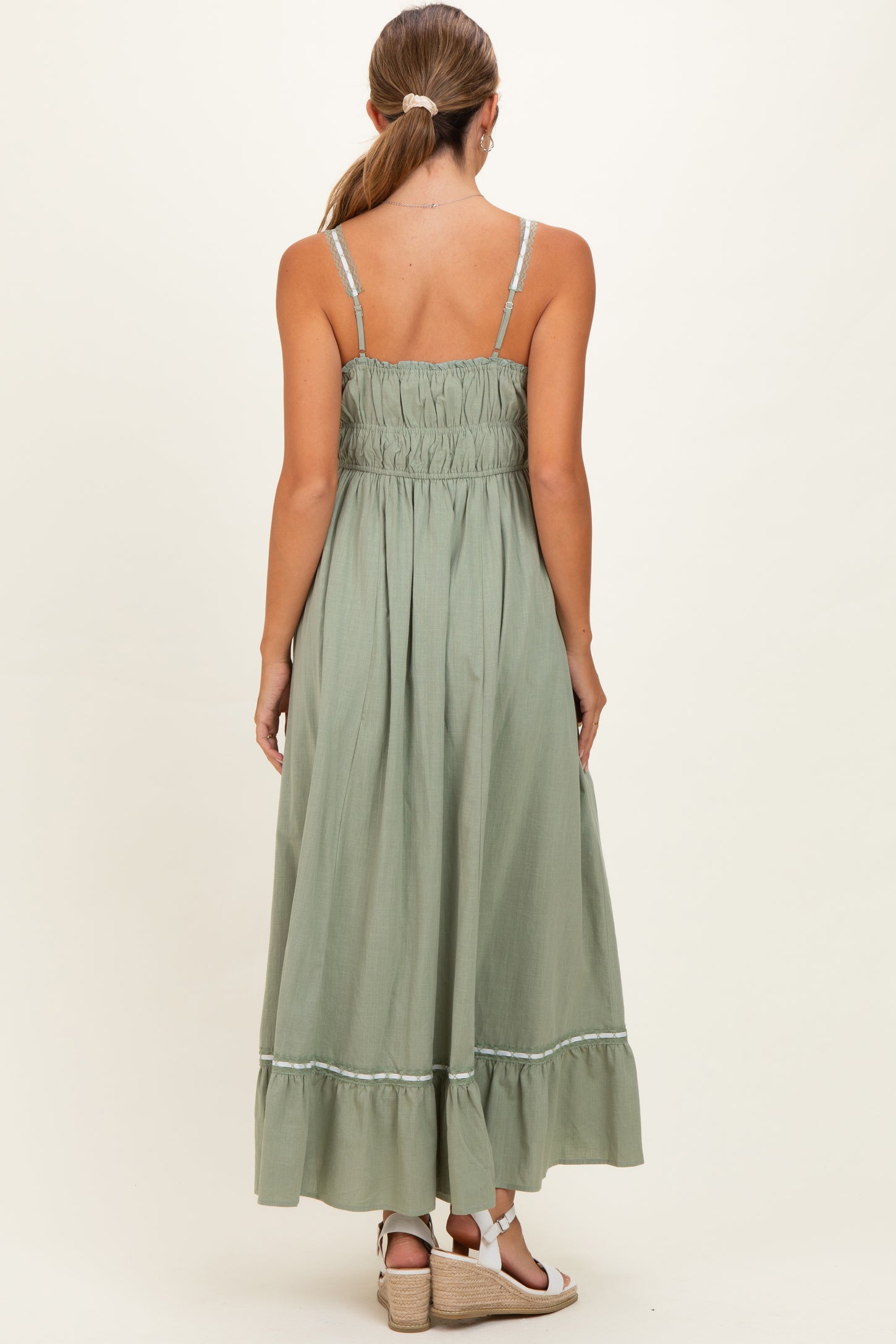 Light Olive Lace Ribbon Detail Maternity Maxi Dress