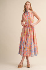 Peach Pink Colorblock Floral Button Down Maternity Midi Dress