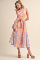 Peach Pink Colorblock Floral Button Down Midi Dress