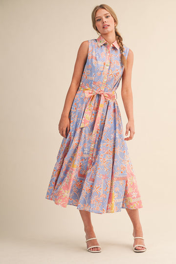 Cornflower Blue Colorblock Floral Button Down Midi Dress