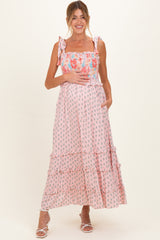 Pink Peach Multi Floral Smocked Maternity Midi Dress